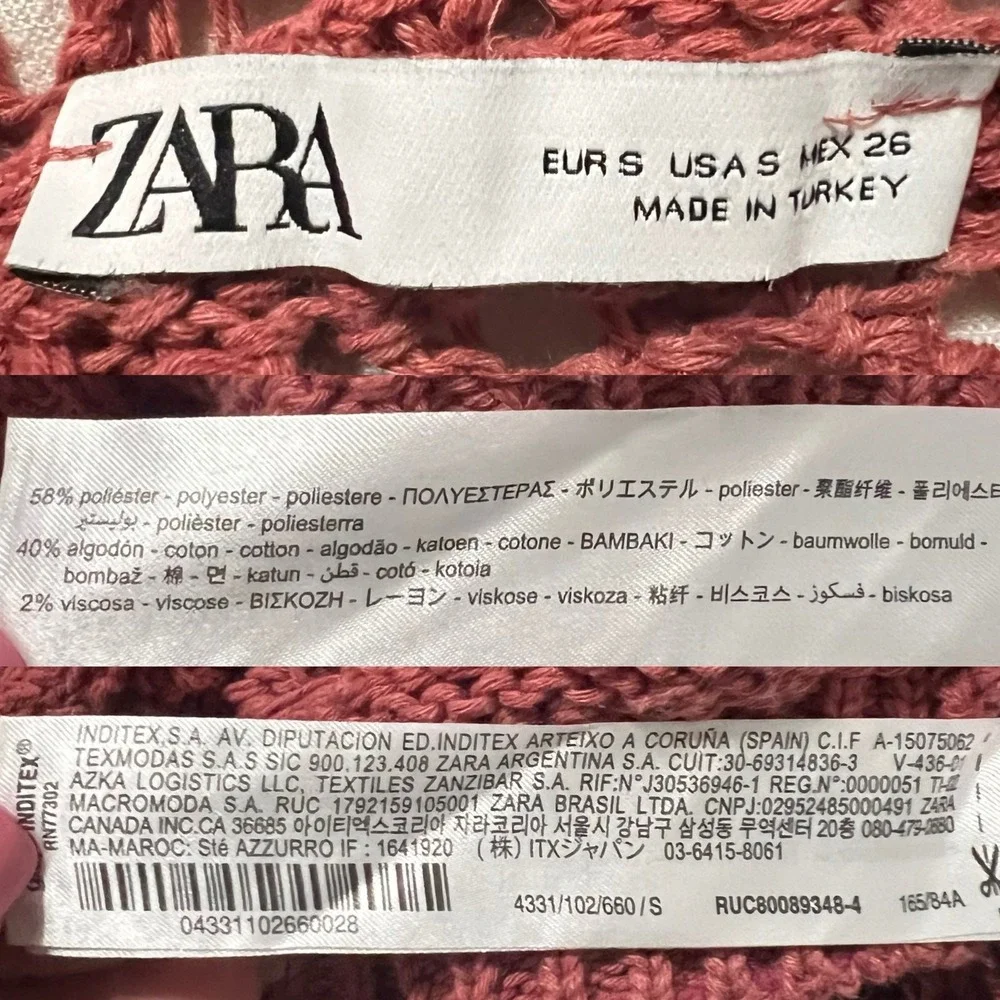 Zara Women's Pink Crochet Open‎ Knit Hooded Sweatshirt Size Small